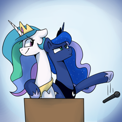 Size: 1200x1200 | Tagged: safe, artist:anticular, derpibooru import, princess celestia, princess luna, alicorn, pony, ask sunshine and moonbeams, bust, comic, female, floppy ears, jewelry, mare, mic drop, microphone, podium, regalia, smiling, unamused