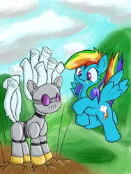 Size: 4572x6096 | Tagged: safe, artist:greenfinger, derpibooru import, rainbow dash, oc, oc:turing test, pegasus, pony, robot, robot pony, fanfic:the iron horse: everything's better with robots, absurd resolution, cloud, fanfic, fanfic art, flying