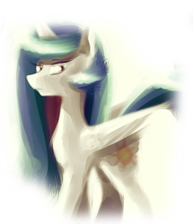 Size: 1100x1280 | Tagged: safe, artist:crestfallencelestia, princess celestia, alicorn, pony, female, horn, mare, missing accessory, multicolored mane, multicolored tail, solo, white coat, white wings, wings