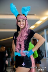 Size: 1366x2048 | Tagged: artist needed, safe, fluttershy, human, 2013, bunny ears, clothes, convention, cosplay, cosplay jules, dangerous mission outfit, florida, florida supercon, irl, irl human, papanotzzi, photo, solo, supercon