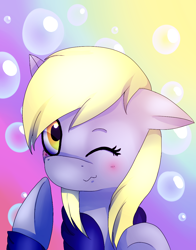 Size: 1024x1307 | Tagged: safe, artist:theultimatekitty, derpy hooves, pegasus, pony, :3, blushing, clothes, female, hoodie, mare, solo, wink