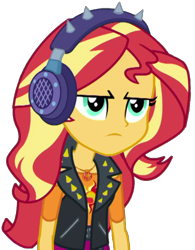 Size: 1596x2048 | Tagged: safe, artist:thebarsection, sunset shimmer, better together, equestria girls, annoyed, female, geode of empathy, headphones, leather vest, magical geodes, punk, simple background, solo, transparent background