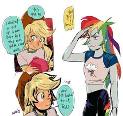 Size: 1100x1040 | Tagged: safe, artist:nounoo, derpibooru import, applejack, rainbow dash, better together, equestria girls, lesson zero, comic, female