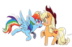 Size: 640x414 | Tagged: safe, artist:nounoo, derpibooru import, applejack, rainbow dash, earth pony, pegasus, pony, appledash, blushing, female, lesbian, shipping, simple background, white background