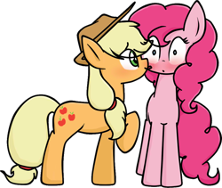 Size: 882x745 | Tagged: safe, artist:luckyshy, applejack, pinkie pie, earth pony, pony, applepie, blushing, female, lesbian, licking, shipping