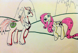 Size: 1024x693 | Tagged: safe, artist:flutterbye4ever, big macintosh, fluttershy, earth pony, pegasus, pony, fluttermac, male, shipping, stallion, straight, traditional art