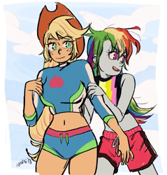 Size: 955x1000 | Tagged: safe, artist:nounoo, derpibooru import, applejack, rainbow dash, better together, equestria girls, appledash, belly button, board shorts, clothes, cowboy hat, female, freckles, hat, lesbian, midriff, shipping, shorts, stetson, swimsuit, timid