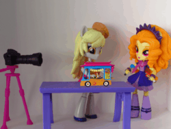 Size: 698x524 | Tagged: safe, artist:whatthehell!?, adagio dazzle, derpy hooves, flash sentry, sunset shimmer, equestria girls, animated, boots, camera, clothes, cute, derpabetes, doll, equestria girls minis, filming, food, irl, jewelry, meta, muffin, photo, shoes, stop motion, sunset sushi, table, toy, tripod, truck
