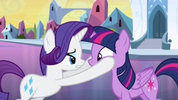 Size: 1920x1080 | Tagged: safe, derpibooru import, screencap, rarity, twilight sparkle, twilight sparkle (alicorn), alicorn, pony, equestria girls, equestria girls (movie), eye contact, frown, gritted teeth, lidded eyes, out of context, squishy cheeks, wide eyes