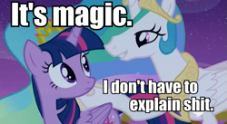 Size: 829x454 | Tagged: safe, screencap, princess celestia, twilight sparkle, twilight sparkle (alicorn), alicorn, pony, twilight's kingdom, female, image macro, mare, meme, vulgar