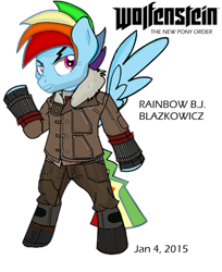 Size: 600x735 | Tagged: safe, artist:forcemation, derpibooru import, rainbow blitz, rainbow dash, pegasus, pony, b.j. blazkowicz, crossover, rule 63, wolfenstein, wolfenstein the new order