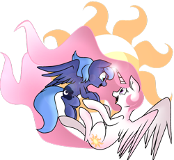 Size: 1280x1180 | Tagged: safe, artist:strangiesleepy, princess celestia, princess luna, alicorn, pony, cewestia, cute, filly, horns are touching, woona, younger