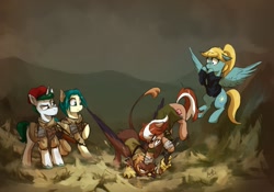 Size: 1481x1039 | Tagged: safe, artist:anticular, derpibooru import, oc, oc only, oc:alabaster (fallout equestria: red 36), oc:chipper wind, oc:gabriela hawkins, oc:roulette, oc:sunny hymn, earth pony, griffon, pegasus, pony, unicorn, fallout equestria, fallout equestria: red 36, angry, armor, clothes, concerned, dirt, fanfic art, female, fight, flying, gun, handgun, male, mare, ncr, new canterlot republic, punch, ranger sequoia, revolver, rifle, stallion, uniform, watching, weapon, wings