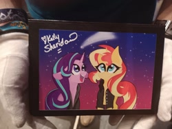 Size: 2048x1536 | Tagged: artist needed, safe, starlight glimmer, sunset shimmer, pony, unicorn, equestria girls, clothes, galacon, irl, kelly sheridan, photo