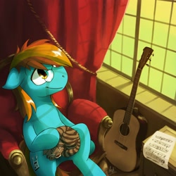 Size: 2000x2000 | Tagged: safe, artist:anticular, derpibooru import, oc, oc:4everfreebrony, cat, earth pony, pony, acoustic guitar, album cover, chair, floppy ears, glasses, guitar, male, musical instrument, sitting, smiling, solo, stallion, window