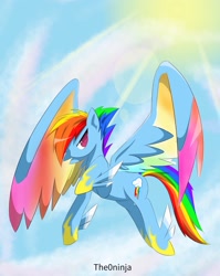 Size: 1021x1280 | Tagged: safe, artist:fusionkenn, derpibooru import, rainbow dash, pegasus, pony, colored wings, female, flying, solo, sun