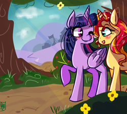 Size: 1000x899 | Tagged: safe, artist:pandanx12, sunset shimmer, twilight sparkle, twilight sparkle (alicorn), alicorn, pony, blushing, cloud, cute, female, flower, lesbian, looking at each other, looking back, mare, one eye closed, open mouth, raised hoof, shimmerbetes, shipping, smiling, sunsetsparkle, tree, twiabetes, wink