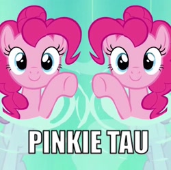 Size: 638x636 | Tagged: safe, pinkie pie, earth pony, pony, c:, looking at you, math, mirror pool, name pun, pun, smiling, tau