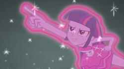 Size: 1023x574 | Tagged: safe, derpibooru import, twilight sparkle, equestria girls, equestria girls (movie), magic, pointing, solo