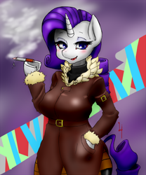 Size: 750x900 | Tagged: safe, artist:kenoi, rarity, anthro, arm hooves, breasts, cigarette, female, pixiv, raritits, smoking, solo