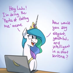 Size: 1200x1200 | Tagged: safe, artist:anticular, derpibooru import, princess celestia, alicorn, pony, banana, bananalestia, computer, dating, dialogue, female, food, implied princess luna, jewelry, mare, open mouth, peytral, question, regalia, smiling, solo