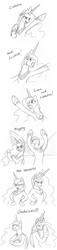 Size: 830x3656 | Tagged: safe, artist:mickeymonster, princess celestia, princess luna, alicorn, pony, monochrome, parody, pose, raised hoof, the road to el dorado, traditional art