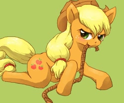 Size: 600x500 | Tagged: artist needed, safe, applejack, earth pony, pony, looking at you, mouth hold, prone, rope, simple background, solo