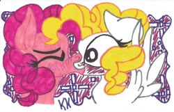 Size: 1656x1064 | Tagged: safe, artist:krazykari, pinkie pie, surprise, earth pony, pony, female, kissing, lesbian, pinkieprise, shipping, traditional art