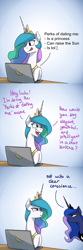 Size: 1200x3600 | Tagged: safe, artist:anticular, derpibooru import, princess celestia, princess luna, alicorn, pony, :t, annoyed, ask sunshine and moonbeams, banana, bananalestia, burn, celestia is not amused, comic, computer, concentrating, dating, duo, female, food, frown, gradient background, jewelry, mare, regalia, royal sisters, savage, scrunchy face, teasing, tol, tongue out, unamused