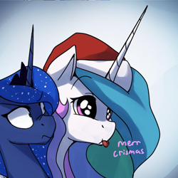 Size: 1200x1199 | Tagged: safe, artist:anticular, derpibooru import, edit, princess celestia, princess luna, alicorn, pony, :p, :t, angry, ask sunshine and moonbeams, christmas, comic, confused, cropped, cute, cutelestia, derp, derplestia, dilated pupils, duo, eye shimmer, featured image, female, frown, hat, holiday, it chrismas, lidded eyes, luna is not amused, majestic as fuck, mare, nose wrinkle, raspberry, royal sisters, santa hat, scrunchy face, shrunken pupils, siblings, sillestia, silly, sisters, text, this will end in pain, tongue out, unamused, wide eyes