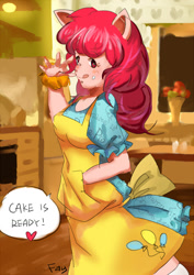 Size: 1000x1414 | Tagged: safe, artist:fay, pinkie pie, anthro, ambiguous facial structure, apron, clothes, messy, pixiv, solo