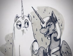 Size: 2048x1570 | Tagged: safe, artist:anticular, derpibooru import, nightmare moon, princess celestia, princess luna, alicorn, pony, bedsheet ghost, clothes, costume, duo, female, ghost costume, grayscale, halloween, halloween costume, mare, monochrome, nightmare moon costume, nightmare night costume, royal sisters, traditional art