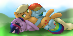 Size: 3600x1800 | Tagged: safe, artist:captainpudgemuffin, derpibooru import, applejack, rainbow dash, twilight sparkle, earth pony, pegasus, pony, unicorn, appledash, appledashlight, cuddle puddle, cuddling, cute, dashabetes, eyes closed, female, floppy ears, fluffy, grass, grin, hug, jackabetes, lesbian, mare, on back, on side, ot3, pony pile, shipping, smiling, snuggling, twiabetes, twidash, twijack