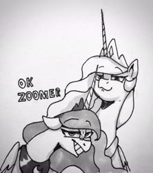Size: 1816x2048 | Tagged: safe, artist:anticular, derpibooru import, princess celestia, princess luna, alicorn, pony, crown, duo, duo female, female, grayscale, grin, jewelry, looking at you, mare, monochrome, ok boomer, ok zoomer, peytral, regalia, siblings, sisters, smiling, smug