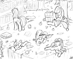 Size: 1280x1024 | Tagged: safe, artist:kudalyn, applejack, fluttershy, pinkie pie, twilight sparkle, oc, bird, earth pony, mouse, pegasus, pony, apple, book, hat, kudalyn, library, monochrome, party hat, surreal, tree