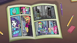 Size: 2048x1151 | Tagged: safe, derpibooru import, screencap, applejack, fluttershy, pinkie pie, rainbow dash, rarity, sunset shimmer, better together, equestria girls, super squad goals, architecture, building, canterlot city, city, comic book, geode of fauna, geode of shielding, geode of sugar bombs, geode of super speed, geode of super strength, humane five, magical geodes