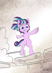 Size: 1024x1448 | Tagged: safe, artist:calena, starlight glimmer, pony, unicorn, atg 2018, cute, ear fluff, female, filly, filly starlight glimmer, grin, looking down, newbie artist training grounds, on one hoof, partial color, pigtails, skateboard, smiling, standing, standing on one leg, younger