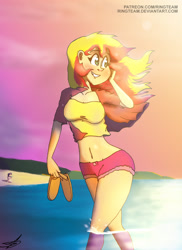 Size: 1024x1408 | Tagged: safe, artist:ringteam, sunset shimmer, twilight sparkle, equestria girls, belly button, midriff, sandals, water, wet