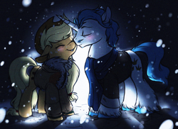 Size: 1548x1125 | Tagged: safe, artist:pony-boggle, artist:softcoremirth, applejack, fancypants, earth pony, pony, backlighting, blushing, clothes, crack shipping, fancijack, female, male, nuzzling, shipping, snow, snowfall, straight