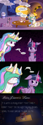 Size: 1000x2909 | Tagged: safe, artist:deusexequus, princess celestia, twilight sparkle, twilight sparkle (alicorn), alicorn, pony, bad joke face, comic, female, mare, pun, trollestia, twilight is not amused, unamused