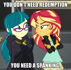 Size: 600x590 | Tagged: safe, edit, edited screencap, screencap, juniper montage, sunset shimmer, equestria girls, movie magic, spoiler:eqg specials, image macro, imminent spanking, meme, out of character, sexual harassment