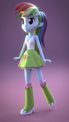 Size: 810x1440 | Tagged: safe, artist:creatorofpony, derpibooru import, rainbow dash, equestria girls, /mlp/, 3d, 3d model, blender, boots, clothes, clothes swap, hairclip, hilarious in hindsight, rainbow dash always dresses in style, skirt, solo, tanktop