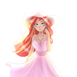 Size: 1563x1563 | Tagged: safe, artist:mrscurlystyles, sunset shimmer, human, beautiful, breasts, cleavage, clothes, dress, ear piercing, earring, featured on derpibooru, female, hat, humanized, jewelry, looking at you, piercing, praise the sunset, simple background, smiling, solo, sun hat, sundress, white background