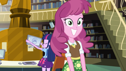 Size: 1023x574 | Tagged: safe, derpibooru import, cheerilee, twilight sparkle, equestria girls, equestria girls (movie), computer, female, library, shit eating grin, smiling, solo focus, stepford smiler