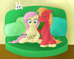 Size: 2090x1682 | Tagged: safe, artist:kaleysia, angel bunny, big macintosh, fluttershy, earth pony, pegasus, pony, body writing, fluttermac, male, preggoshy, pregnant, shipping, stallion, straight