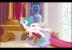 Size: 2600x1800 | Tagged: safe, artist:stinkehund, princess celestia, alicorn, pony, bored, globe, sad, solo, throne, throne room