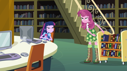 Size: 1023x574 | Tagged: safe, derpibooru import, cheerilee, twilight sparkle, equestria girls, equestria girls (movie), book, cheerilee is unamused, unamused