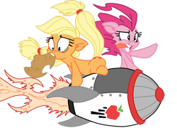 Size: 800x597 | Tagged: safe, artist:burnokero, artist:dfectivedvice, applejack, pinkie pie, earth pony, pony, colored, riding, rocket, simple background, transparent background