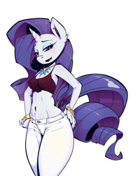 Size: 800x1000 | Tagged: safe, artist:meguidan, rarity, anthro, bedroom eyes, belly button, blushing, ear piercing, lipstick, looking at you, midriff, smiling, solo