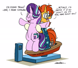 Size: 2029x1763 | Tagged: safe, artist:bobthedalek, starlight glimmer, sunburst, pony, unicorn, beard, bipedal, boat, boaty mcboatface, cloak, clothes, dialogue, eyes closed, facial hair, female, foxtrot, glasses, implied bisexual, implied shipping, implied startrix, implied trixie, literal shipping, male, mare, ride, shipping, simple background, stallion, starburst, straight, titanic, white background